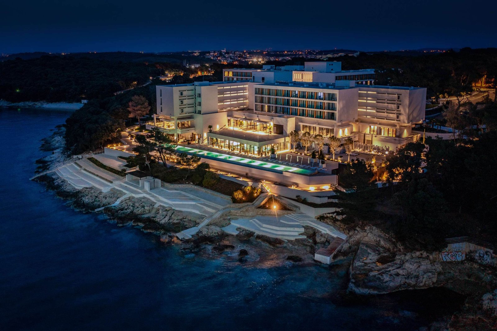 Coastal hotel at night